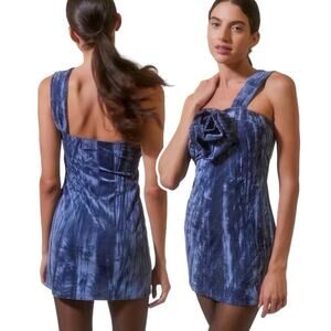 Urban Outfitters Dahlia Rosette Crushed Velvet Slate Blue Mini Dress Size Large